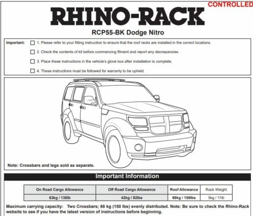 Dodge Nitro Rhino-Rack Cross Bars (2) connects to existing roof threads