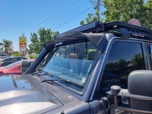Toyota Landcruiser 70-79 Series (fitted with factory snorkel) All Black Mesh Windscreen Sunvisor - Image 3