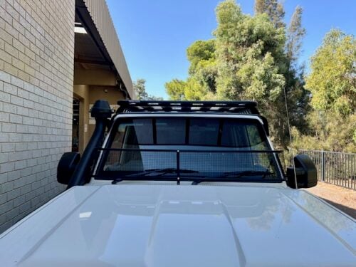 Toyota 70-79 Series Landcruiser (with factory snorkel) Black Windscreen Stone Guard & Mesh Sunvisor Bundle - Image 15