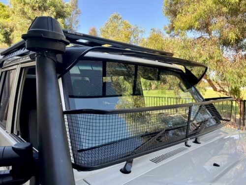 Toyota 70-79 Series Landcruiser (with factory snorkel) Black Windscreen Stone Guard & Mesh Sunvisor Bundle - Image 14