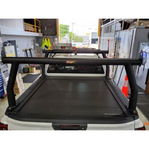 Ford Ranger Wildtrak XL with manual Mountain Top Shutter Pro Textured Black 76mm Trade Racks