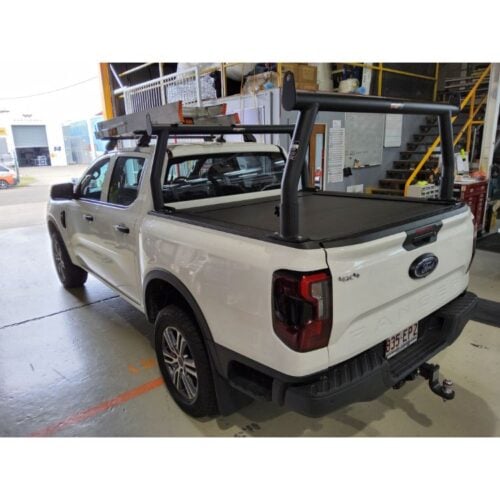 Ford Ranger Wildtrak XL with manual Mountain Top Shutter Pro Textured Black 76mm Trade Racks