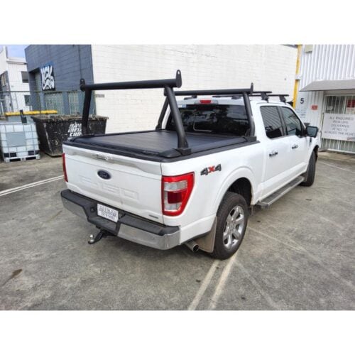 Ford F150 Lariate with Mountain Top Shutter Textured Black Fixed Trade Rack set
